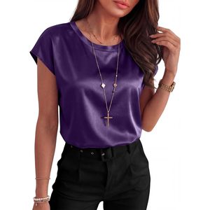 Womens Silk Satin <b>Blouse</b> Cap Sleeve Crew Neck Office Casual Top Anti Wrinkle 2026 Summer Outfit - Product Image 4