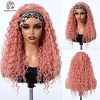 Perruque bandeau populaire 26 pouces, style Afro Kinky Curly Deep Wave, en fibre synthétique résistante à la chaleur, sans colle, avec bonnet en maille élastique réglable