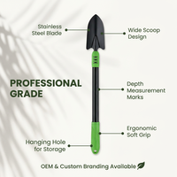 Herramienta de trasplante extensible de 28-38 pulgadas con mango largo, agarre ergonómico verde mate acanalado y orificio para colgar, pala de jardinería para plantar
