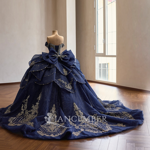 261096 Stunning Navy Blue Crystal Rhinestone Natural Sweetheart Neckline Lace Appliques Quinceanera Ball Gown <b>Dresses</b> - Product Image 3