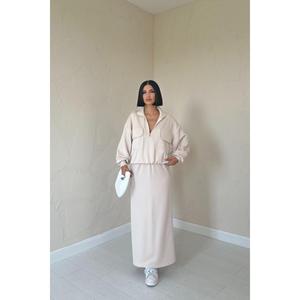 Conjunto de Sudadera y Falda de Punto Luna Beige para Mujer, Transpirable, de Poliéster y Algodón, Conjunto Combinado de Manga Larga, Ropa Casual - Product Image 4