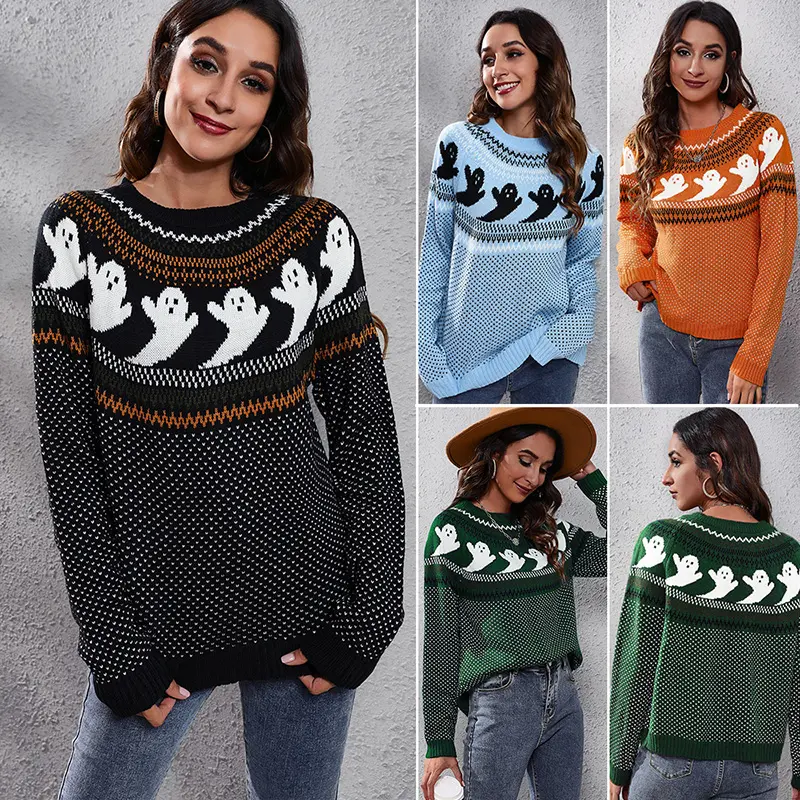 Felpa a maniche lunghe con stampa a maglia Halloween da donna maglione Pullover camicetta Casual