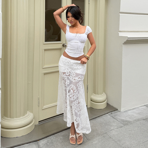 Falda midi de encaje de ganchillo para mujer, falda larga con dobladillo acampanado y diseño hueco transparente para vacaciones - Product Image 5