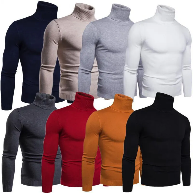Men'S Warm Turtleneck Sweater, Slim Fit Knitted Pullovers Tops Male Long Sleeve Solid Color Knitwear/