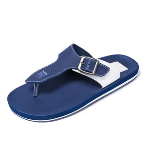 2024 new style factory custom print leather navy blue waterproof man mens flat slipper flip flop leather
