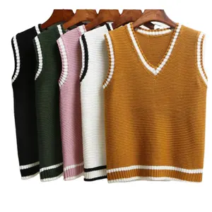 V-Neck Spliced Knitted Vest Women Casual Loose Pullover Sweater Spring Autumn New Solid Basic Sleeveless Tank Tops