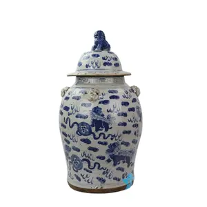 RZEY1218F-L-S antiguidade pintada à mão azul e branco leão padrão porcelana pote de gengibre