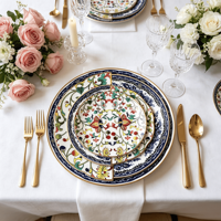 Assiettes en Porcelaine Fine à Motifs Floraux Contrastés avec Bord Doré – Ensemble Artistique pour Dîner, Mariage et Décoration de Table de Restaurant