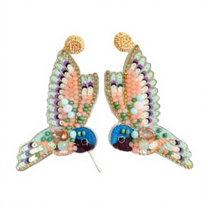 Boucles d'oreilles brodées à la main avec des perles en forme d'oiseau, accessoire de décoration pour la maison en forme d'animal coloré - Product Image 1