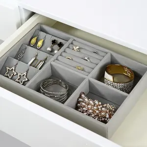 Vestidor-cajón de almacenamiento de joyería de terciopelo, organizador grande con 5 compartimentos, bandeja de cartón para pendientes de joyería, anillos de pulsera