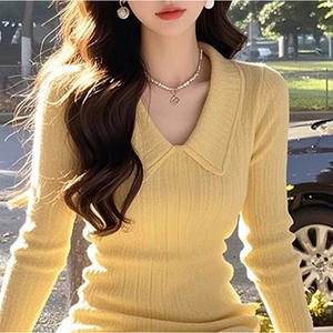 Robe en tricot à col polo jaune vif de style coréen pour femmes, robe longue élégante décontractée, automne 2025 - Product Image 2