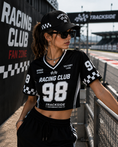 เสื้อเจอร์ซีย์แข่งรถผู้หญิง แขนสั้น ผ้าตาข่ายพิมพ์ลายตารางหมากรุกสีดำขาว แบบครอป  พร้อมสกรีนหมายเลขตามสั่ง สำหรับแฟนคลับรถแข่ง - Product Image 2
