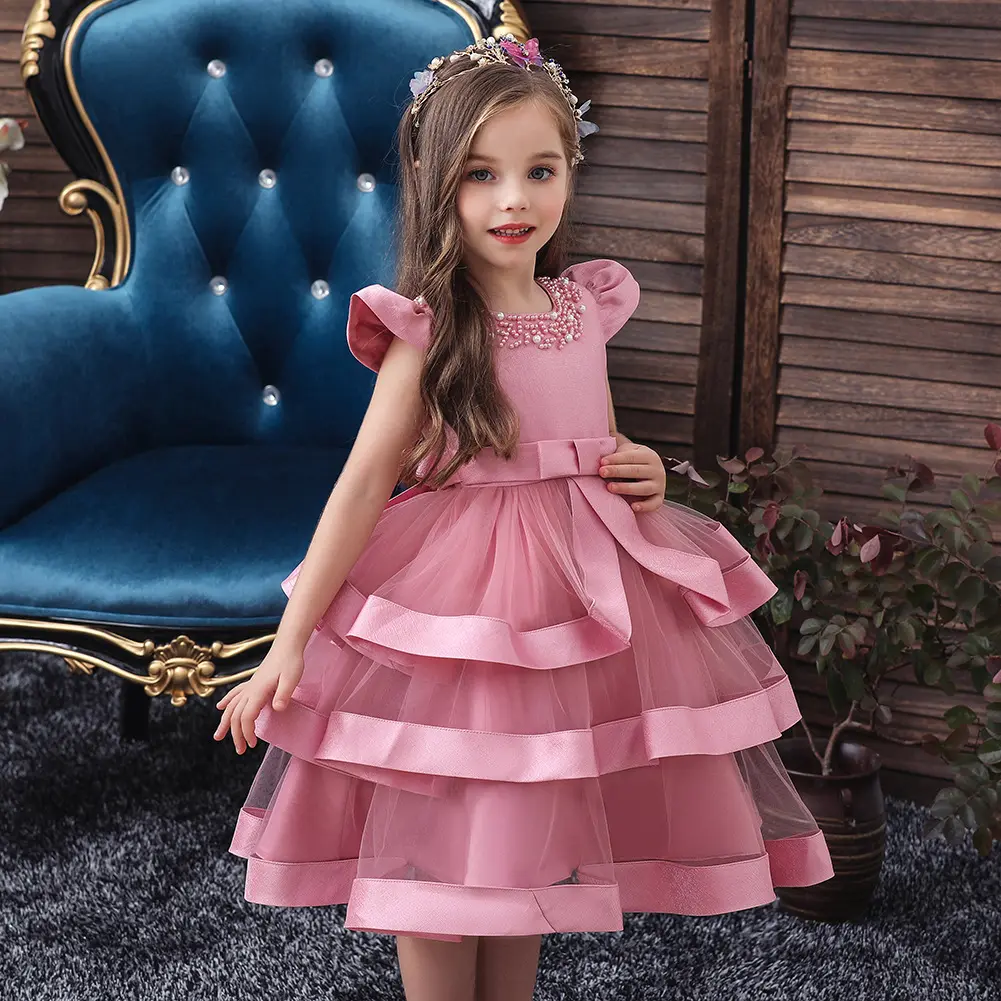 High-end Princesa Vestido De Noite Em Camadas Vestido Rosa Festa De Casamento Lovely Girl Birthday Party Dress Para 0-8 Anos