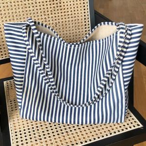Sac fourre-tout en toile de coton rayé grande capacité, à porter à l'épaule, pour le shopping, personnalisable, automne-été, voyage, plage, sac à main décontracté pour femme - Product Image 1