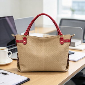 Woven Texture Tote <b>Bag</b> <b>For</b> <b>Women</b> Contrast Red Handle Large Capacity Shoulder Handbag - Product Image 5