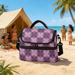 Hawaiian Purple Ulu Print Polyester Portable Custom Design Insulated <b>Lunch</b> Tote Two <b>Compartment</b> Aloha Double Decker <b>Lunch</b> Bag - Product Image 1