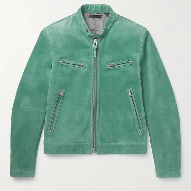 100% साबर (बछड़ा) स्लिम-फिट साबर Blouson जैकेट तस्वीर-बन्धन गले कुंडी जैकेट