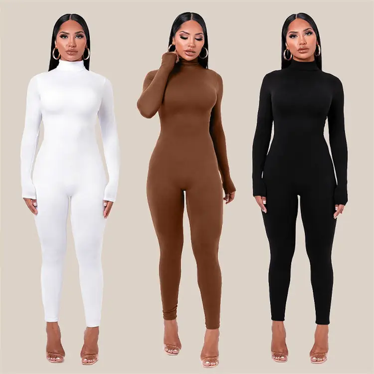 Winter Long Sleeve Brown Sexy Bodycon Jumpsuit Women Romper One Piece Outfit Turtleneck White Black Jumpsuit Female Ladies