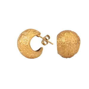Stainless Steel Geometric Chunky Hoop Earrings Jewelry 18K Gold Plated Texture C-shaped Large Dome Hoop Earrings