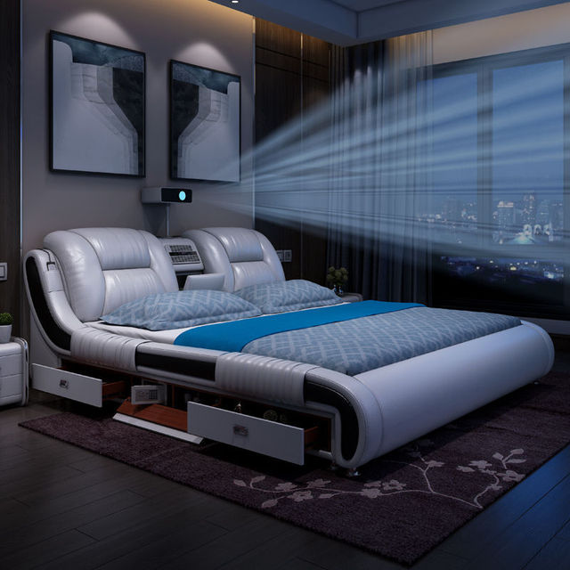 Modern Multifunctional Smart Luxury Bed King Size Double Bedroom Furniture Queen Size Massage Smart Leather Bed With