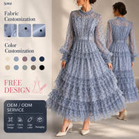Robe de soirée élégante et décontractée pour femme en polyester et coton, à pois, à manches longues, transparentes et bouffantes, avec volants étagés