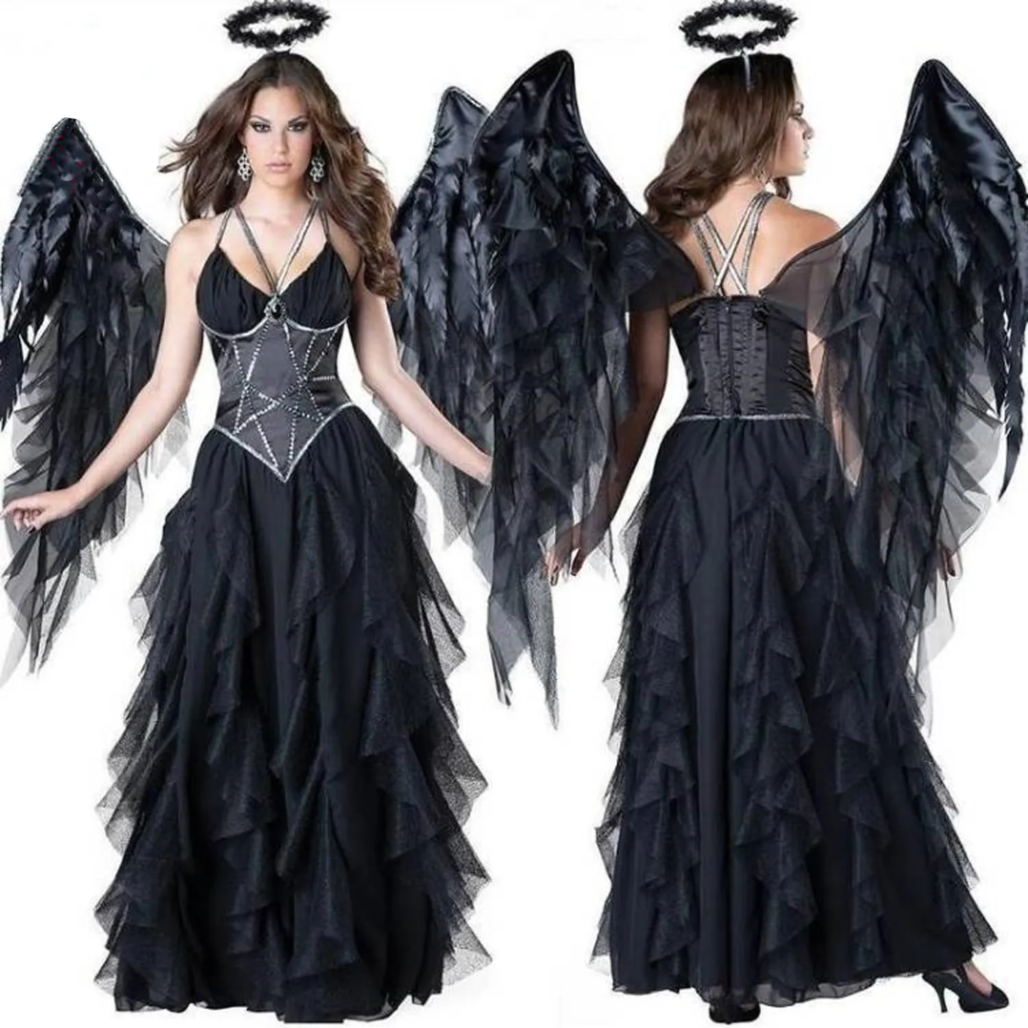 2022 New Halloween Party Dark Sexy Angel Costume with Wings Black Angel Costume Stage Performance Suit