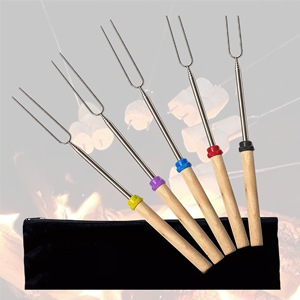 4 Pack Wooden Handle Stainless Steel BBQ Roasting Forks Reusable <b>Extendable</b> Barbecue Skewers For Grilling Meat Marshmallow - Product Image 5