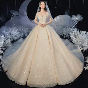 Starry Sky Wedding Dress Off-Shoulder Ball Gown Champagne Color High Waist Floor Length With Train Elegant Vintage Style - Product Image 1