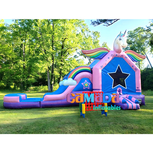 Maison gonflable licorne avec toboggan combiné arrière-cour Carton thème château sautant pour enfants adultes location de fête - Product Image 1