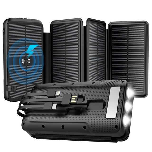 Solar Energy Storage Consumer Electronics Folding Panel Wireless Charger Power Bank 3 Built in Cable Power Bank 20000mah