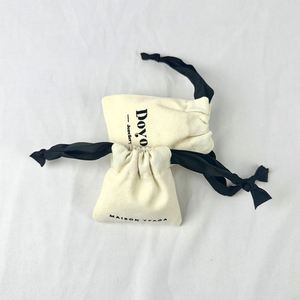 Recyclable Organic Cotton <b>Drawstrings</b> Bags Beige Cotton <b>Pouch</b> with Black <b>Drawstrings</b> for Gift - Product Image 4