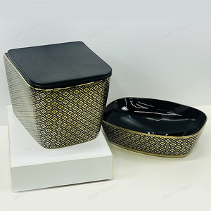 Set Moderno di Lavabo e WC a Doppio Scarico con Design a Motivo Oro su Nero, Montaggio a Parete, Stile Russo di Alta Gamma - Product Image 6