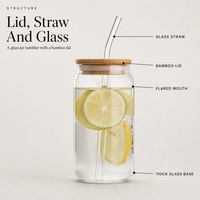 Mug en verre borosilicate avec couvercle en bambou et paille 450/550ml, compatible micro-ondes, personnalisable avec logo, coffret cadeau pour bubble tea et café glacé