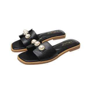 en cuir plat sandales lumière femmes Suppliers-Sandales d'été à fond plat pour femmes, sandales haut de gamme avec ceinture en perles H, à la mode et décontractée, à la mode, 2020
