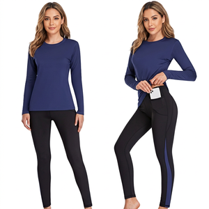Men's Moisture-Wicking Long Sleeve Top With Elastic Waist <b>Leggings</b> Crew Neck Performance Wear Black And <b>Navy</b> Blue - Product Image 2