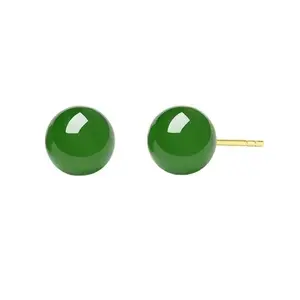 18K Stud Au750 Hetian Green Jade Jasper Round Beads Hanging Women's All-Match K Gold Earrings Wholesale