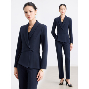 Women's Professional Suit Long Sleeve Navy Polyester Workwear For Office Hotel Receptionist Spring Autumn - Product Image 1