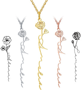 Collar con Nombre Personalizado, Acero Inoxidable Dorado S925, Flor de Nacimiento, Collar con Colgante Minimalista para Parejas, para Mujer - Product Image 3