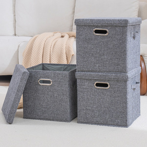 Clothing Organizer Storage Box With Lid Rectangle Beige Gray Foldable Wardrobe Storage For Fabric Toys Books - Product Image 1