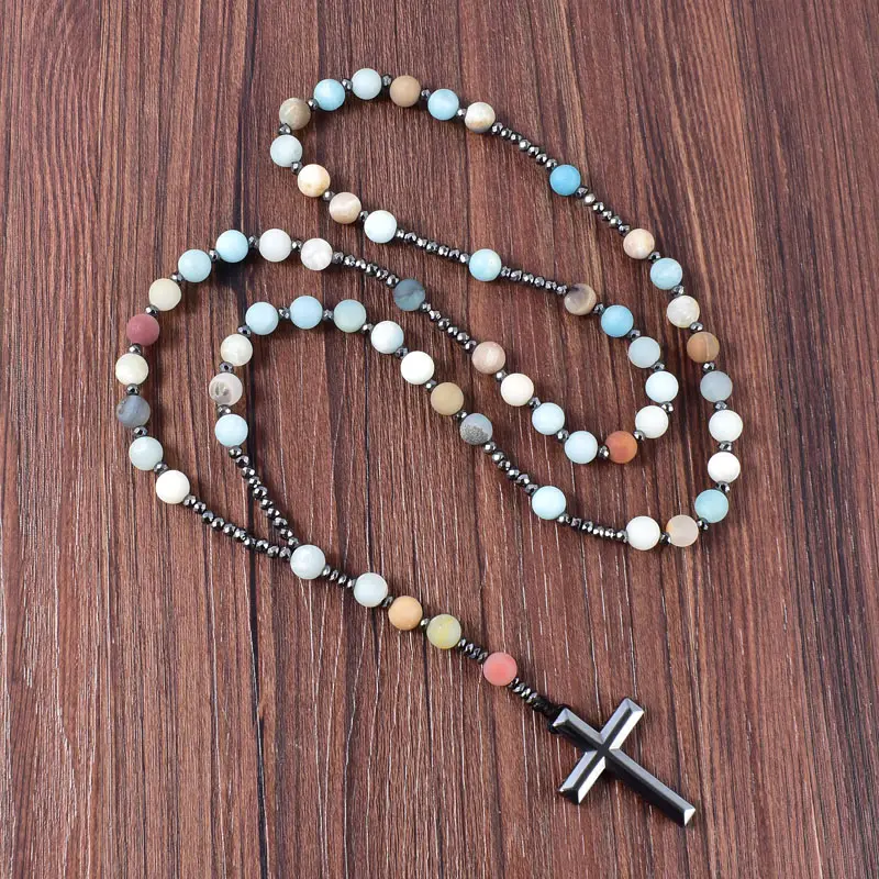 8mm pietra naturale smerigliata amazzonite cristiano cristo rosario collane ematite croce pendente collana per uomo donna gioielli