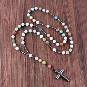 8mm Naturstein gefrostet Amazonit CHRISTIAN Christus Rosenkranz Halsketten Hämatit Kreuz Anhänger Halskette für Männer Frauen Schmuck