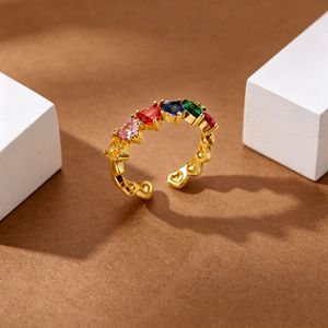 Bague en acier inoxydable plaqué or 18 carats pour femme, avec zircon coloré, motif fleur, papillon, arc-en-ciel, alliance éternité, ajustable, ouverte - Product Image 2