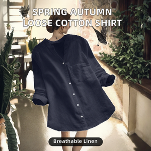 Chemise en lin et coton pour femme, coupe ample, col en V, manches longues, boutonnée, avec poche, pour le printemps et l'automne - Product Image 2