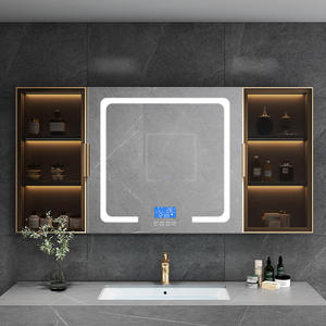 Miroir de salle de bain mural en bois massif avec éclairage LED intelligent moderne avec rangement pour la chambre à coucher et le salon - Product Image 4
