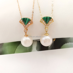 Collar de oro auténtico con colgante de perla, joyería de oro rosa sólido de 18K, collar de malaquita de diamante <span class=keywords><strong>Natural</strong></span> - Product Image 2
