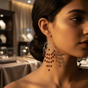 Boucles d'oreilles pendantes unisexes en argent 925 avec pampilles grenat style bohème pour soirée - Product Image 3