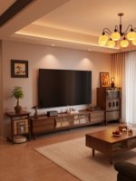 Meuble TV Olid Oak, style moderne minimaliste, style mid-century, meuble de rangement sur pied avec portes coulissantes pour salon DSG073
