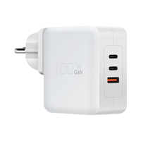 Chargeur rapide 100 Watts pour téléphone portable et ordinateur portable, avec prise murale européenne allemande 3 ports USB-C, USB-A, PD, QC, PPS, GaN, 100 Watts, avec broche de mise à la terre