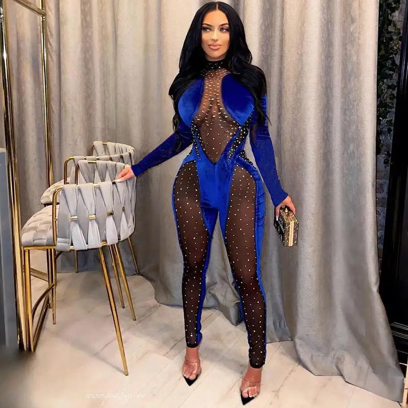 Elegant Blue Rhinestone Jumpsuit Women Outfit Hollow Out Mesh Velvet One Piece Bodycon Jumpsuits