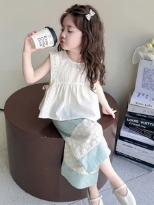 Set di vestiti casual estivi in due pezzi <span class=keywords><strong>per</strong></span> bambine, top senza maniche con occhielli e pantaloni a gamba larga - Product Image 5
